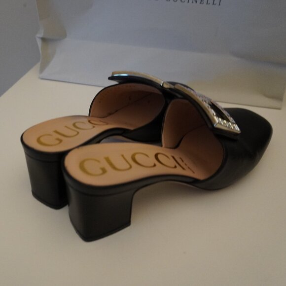 Gucci Madelyn Mules Crystal Logo Black Leather Size 38 8 - Picture 5 of 7